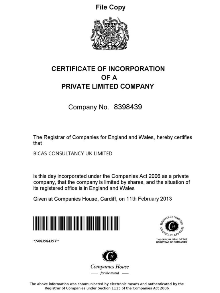 certificate of incorporation for a limited company