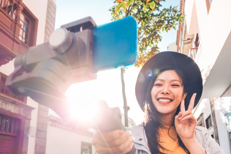 woman making video blog with smartphone